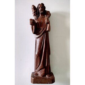 Vintage Jesus Good Shepherd Carved Wood Folk Art Religious Statue
